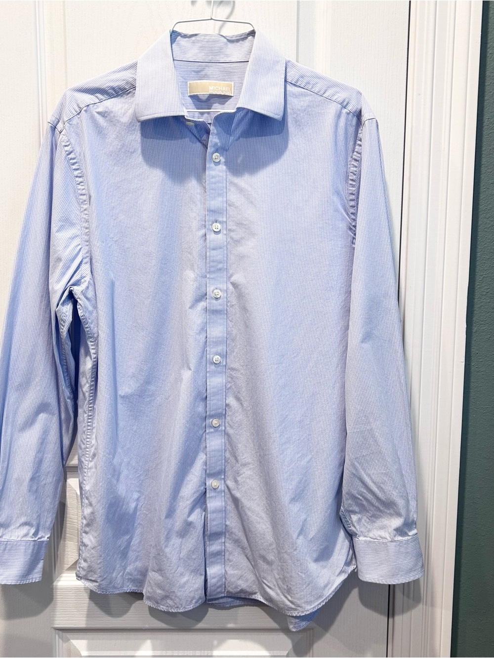 Michael Kors Men’s Blue Gingham Long Sleeve Button Up Dress Shirt 15.5”, 32/33